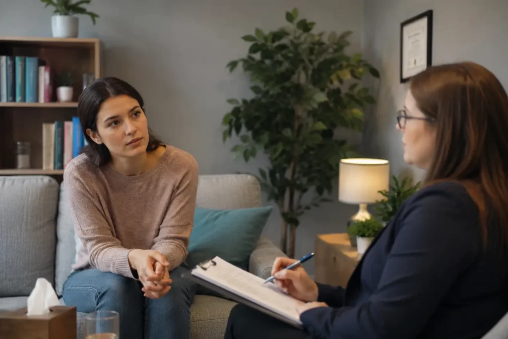 A realistic psychiatric evaluation session with a patient speaking to a mental health professional in a calm, modern therapy office during a psychiatric evaluation consultation.