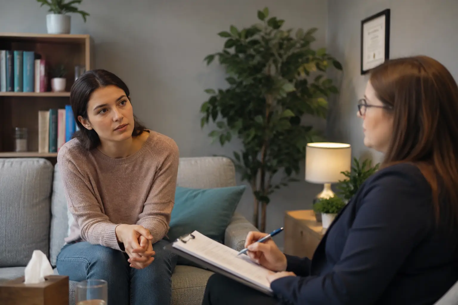 A realistic psychiatric evaluation session with a patient speaking to a mental health professional in a calm, modern therapy office during a psychiatric evaluation consultation.