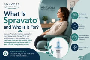 Woman receiving Spravato mental health treatment in a professional behavioral health clinic environment