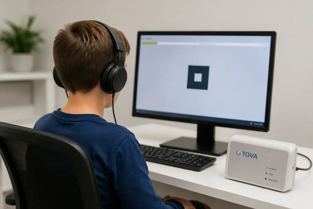 Child completing a TOVA Test on a computer during an objective ADHD assessment.