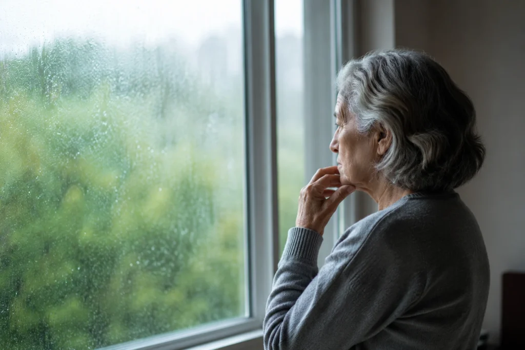Older adult woman standing thoughtfully by a rain-covered window, reflecting on mental health challenges and the question of whether OCD gets worse with age, in a calm home setting with soft natural light.