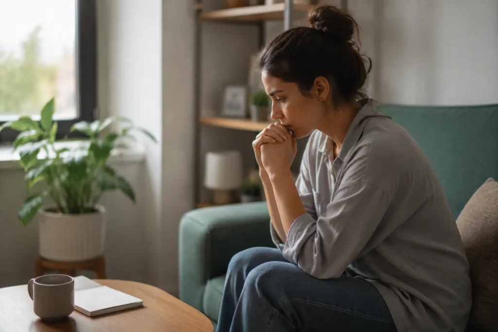 Person sitting thoughtfully in a comfortable living room setting, reflecting the emotional journey of depression and the supportive process of psychiatric medication management for depression.