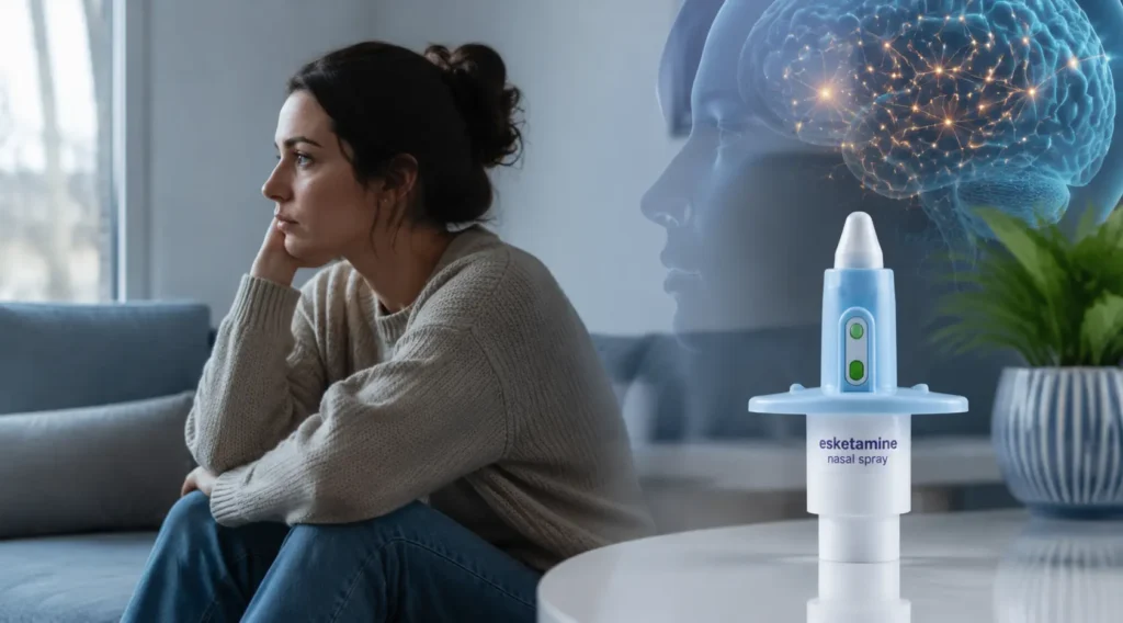 Person reflecting at home beside an esketamine nasal spray used for Spravato treatment, representing treatment-resistant depression and advanced depression care options.