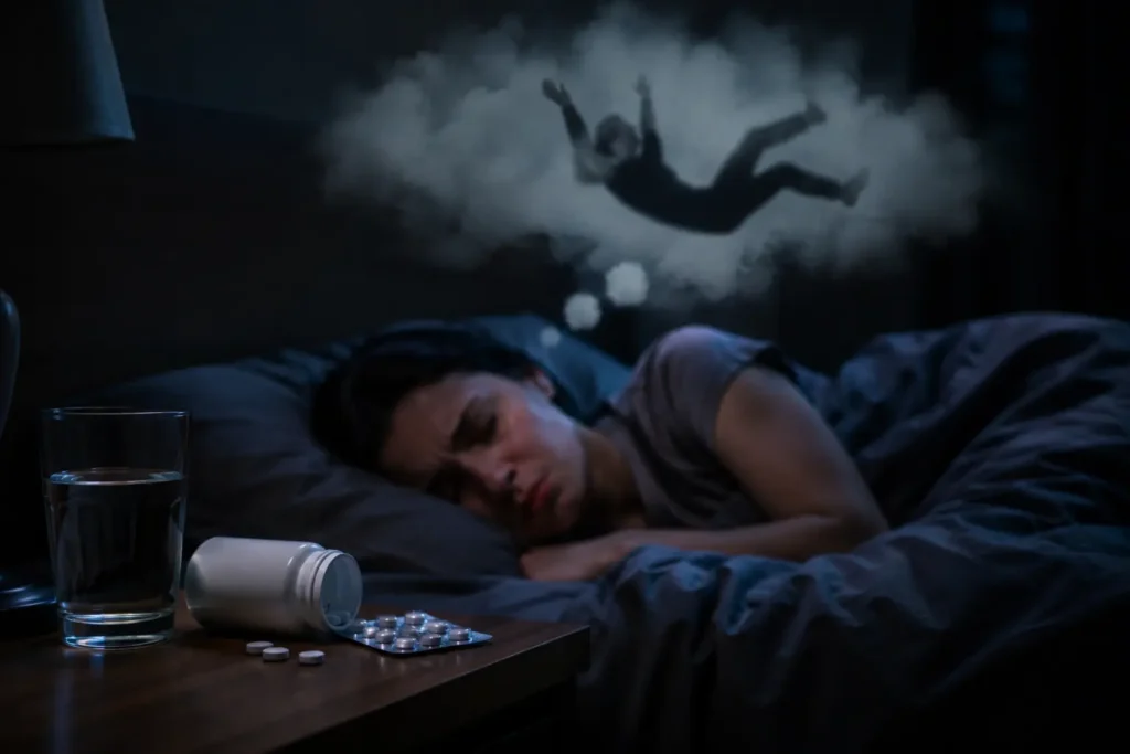 Woman experiencing disturbed sleep beside antidepressant medication bottles, illustrating REM sleep behavior disorder and antidepressant-related sleep disturbances in a realistic nighttime bedroom setting.