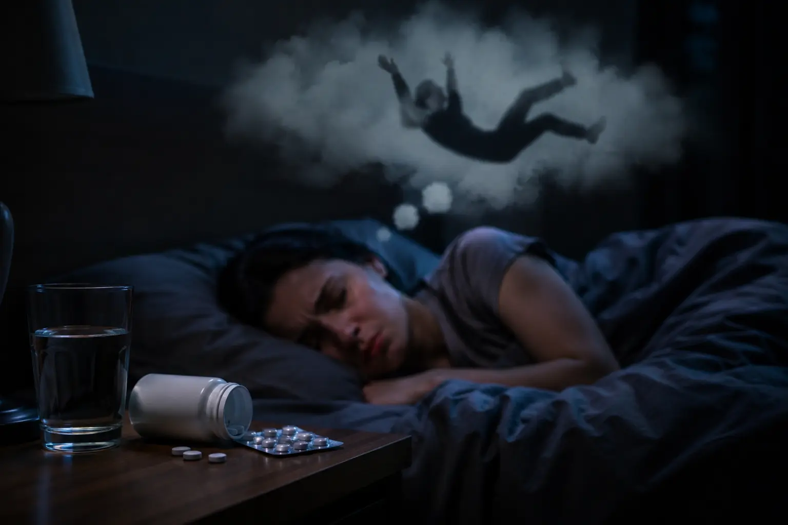 Woman experiencing disturbed sleep beside antidepressant medication bottles, illustrating REM sleep behavior disorder and antidepressant-related sleep disturbances in a realistic nighttime bedroom setting.
