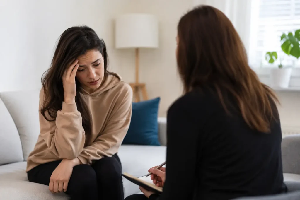 Woman speaking with a mental health professional during a therapy session about anxiety or depression treatment and medication options.