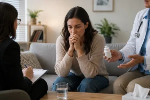 An anxious woman sits between a therapist taking notes and a doctor discussing medication during a mental health consultation.