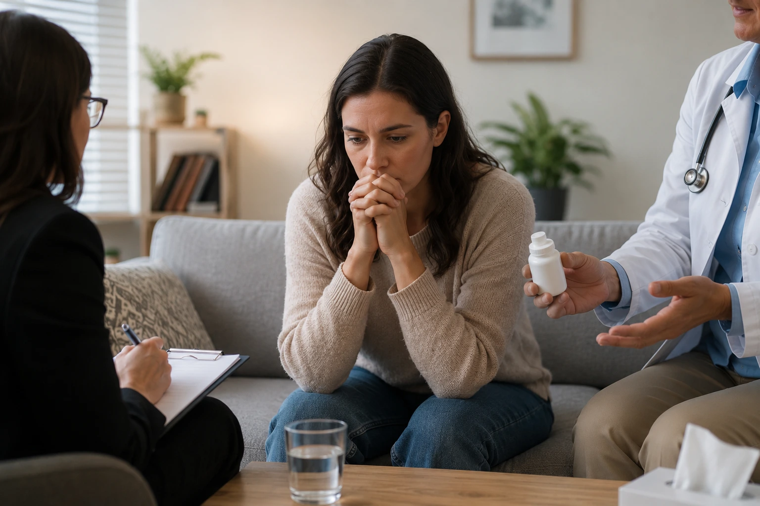 An anxious woman sits between a therapist taking notes and a doctor discussing medication during a mental health consultation.